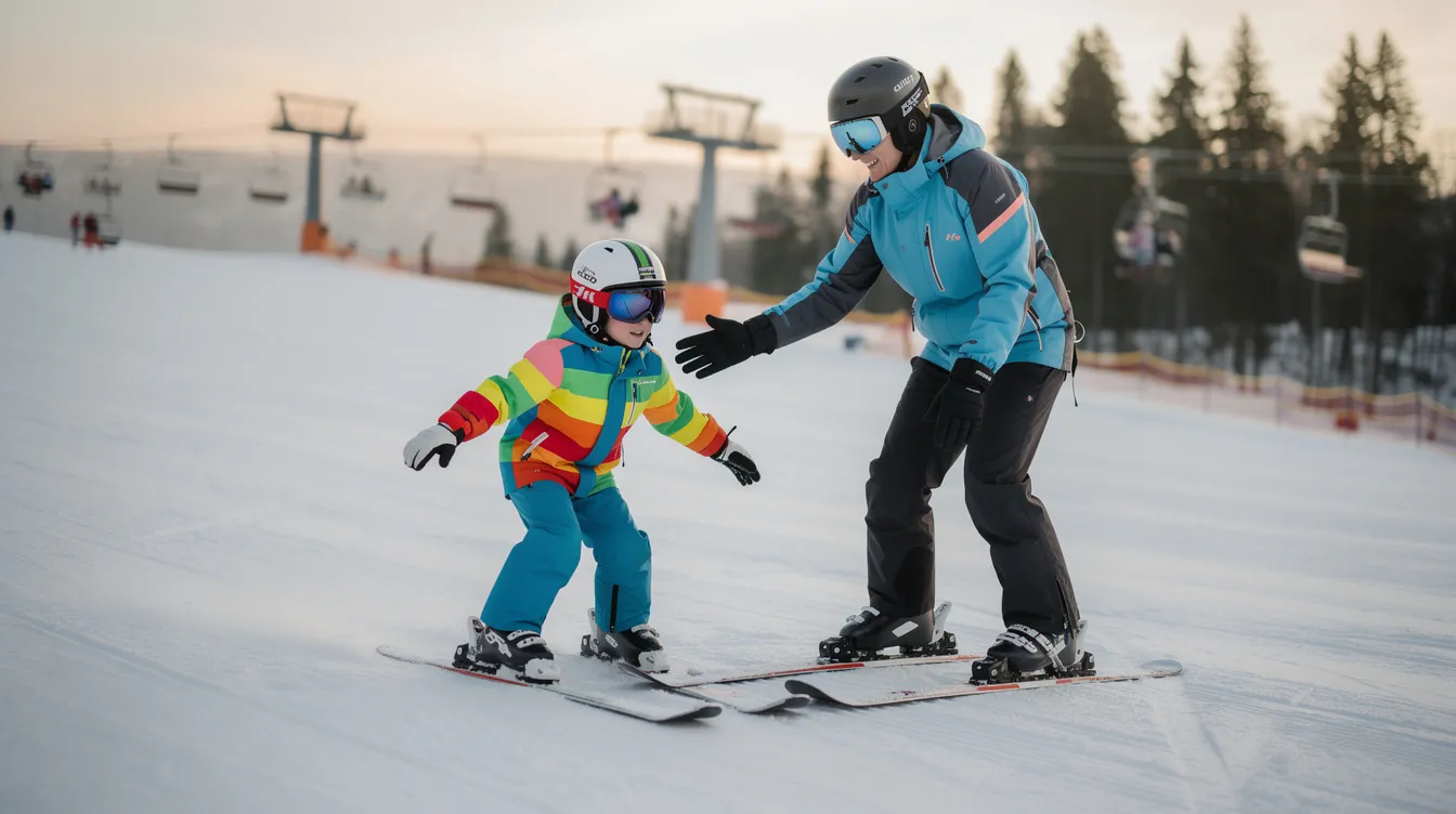 Ein Anfänger beim Skifahren übt die Schneepflug-Technik auf einer sanften Piste, während ein Lehrer ihm Tipps zur Verbesserung seiner Technik gibt. Die Szene findet in einem malerischen Skigebiet statt, umgeben von schneebedeckten Bergen, was das Erlebnis für die Skianfänger besonders angenehm macht.