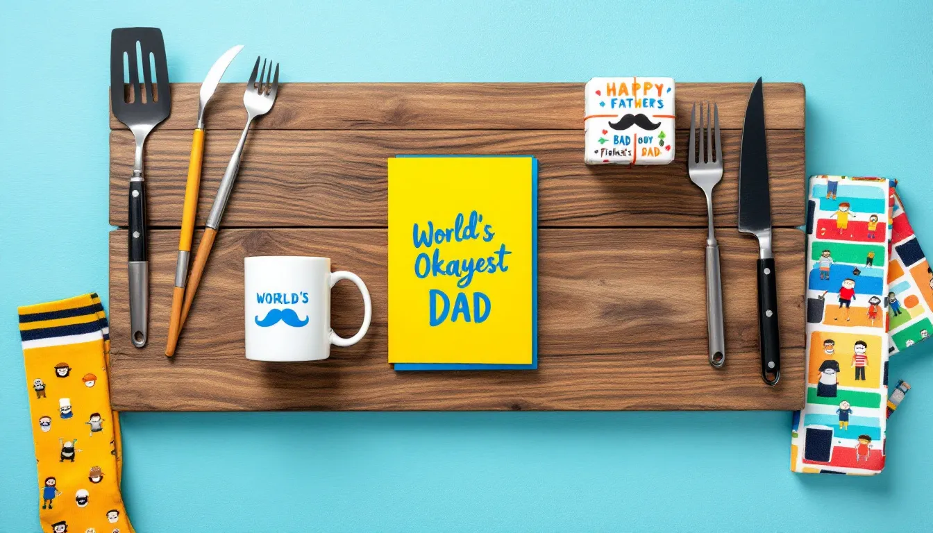A cheerful flat lay on a wooden table showcases a variety of funny Father's Day gifts, including a mug that reads "World’s Okayest Dad," a mustache-themed card, BBQ tools, silly socks, and a wrapped gift adorned with custom dad-themed wrapping paper, all set against a bright and vibrant background. This arrangement captures the essence of fun and thoughtful presents for dads, perfect for celebrating Father's Day.