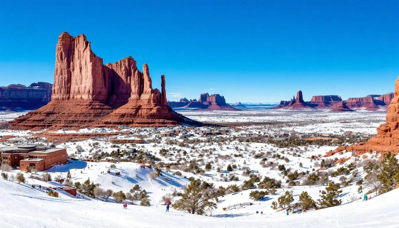 The image showcases a breathtaking panoramic view of ski slopes in the foreground, leading up to dramatic red rock formations and a vast desert landscape in the background, typical of southern Utah. This scenic vista captures the essence of Brian Head Ski Resort, highlighting the stunning contrast between winter activities and the warm hues of the desert terrain.