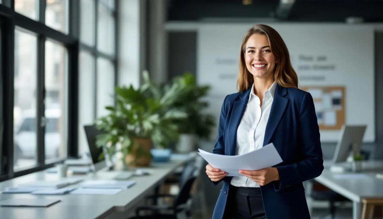 A confident New York small business owner stands proudly holding a file, reflecting success after a securing funding solution to overcome a problem. The individual exudes a sense of accomplishment, symbolizing the positive impact of financial support in the business place.