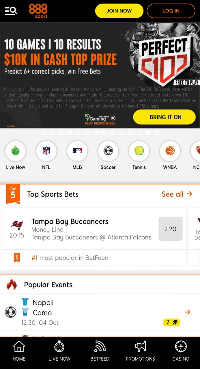 A screenshot view of 888sport's mobile app home page.