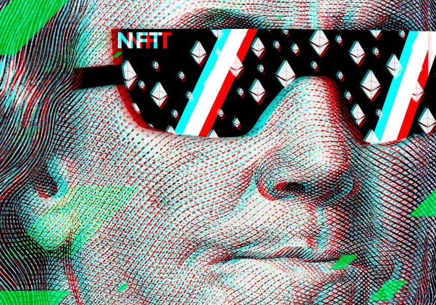 An illustration of a digital NFT man with dark glasses. 