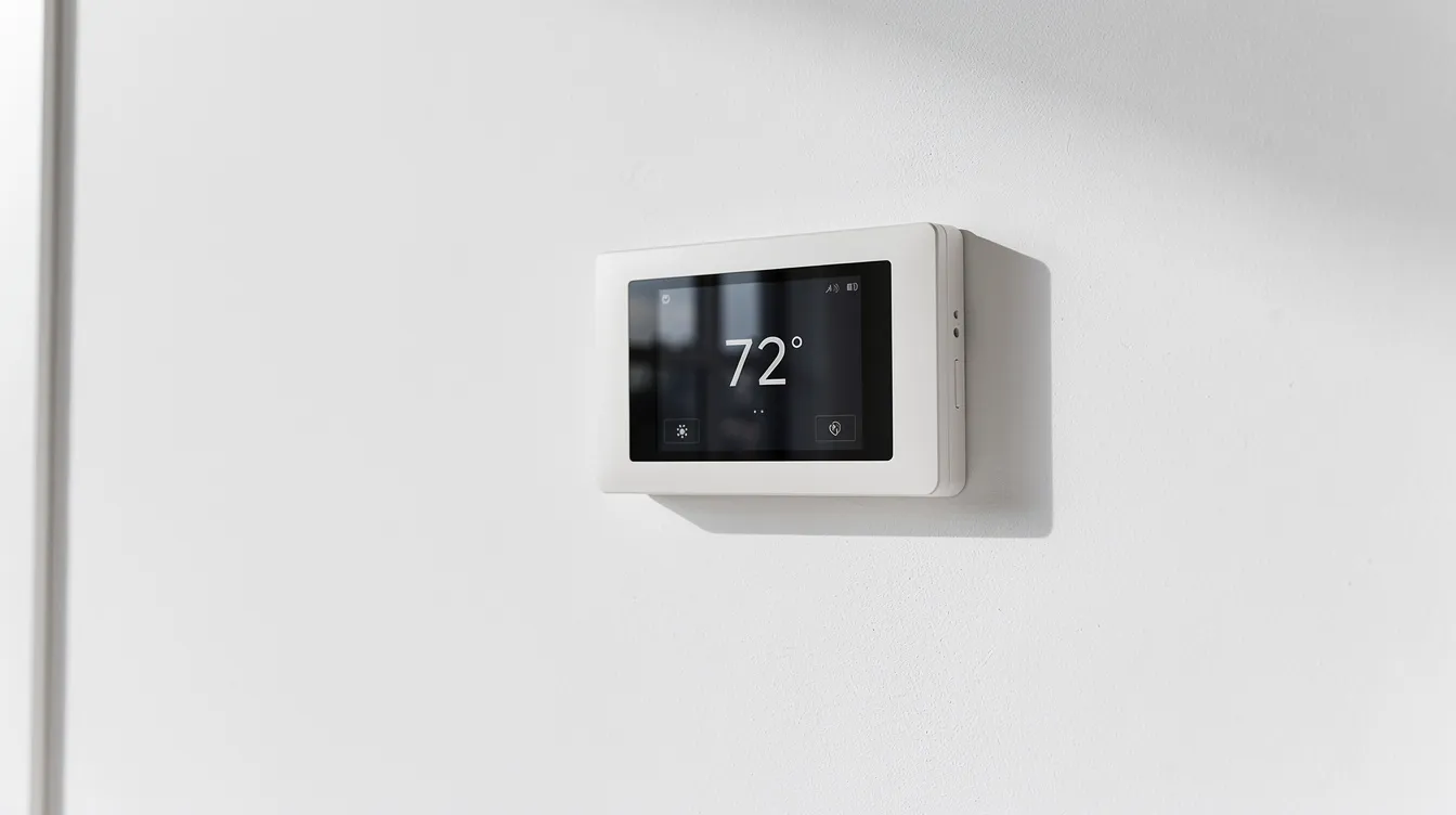 The image shows a modern home thermostat mounted on a white wall, designed to help households manage their energy costs effectively. This device can assist families in controlling their heating and cooling, contributing to lower utility bills and overall living costs.