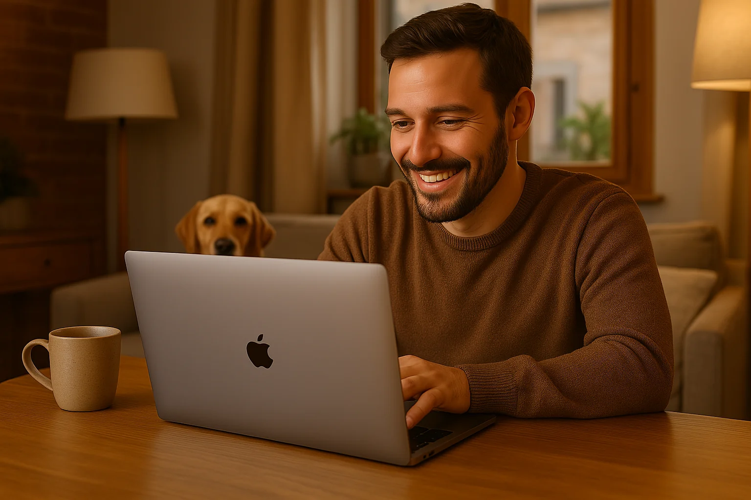 A man smiling whilst reading reviews of local plumbers