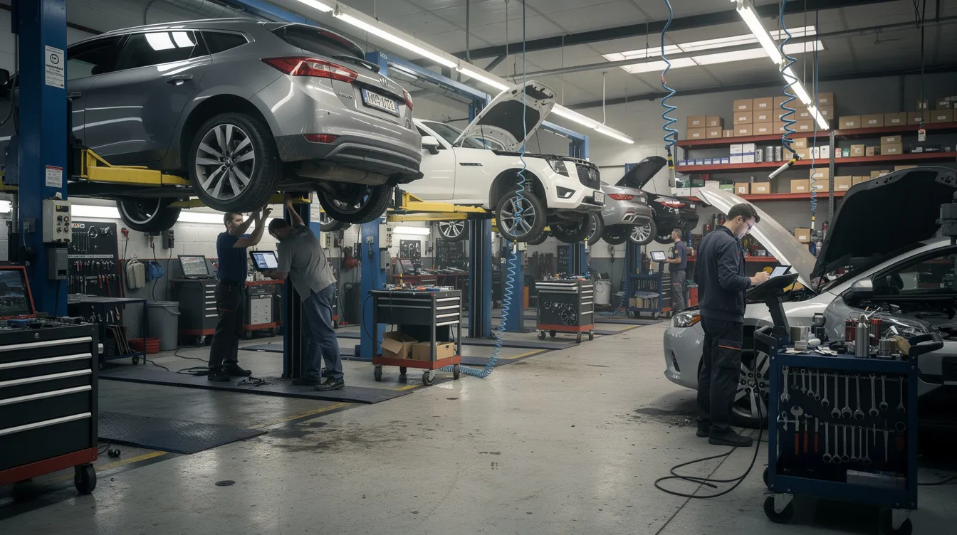 The image depicts the interior of a bustling auto repair garage, featuring multiple vehicle lifts and mechanics actively working on various customer vehicles. This scene highlights the dynamic environment of auto repair shops, where garage owners must consider essential coverage options like general liability insurance and workers compensation insurance to protect their business operations and manage potential risks.