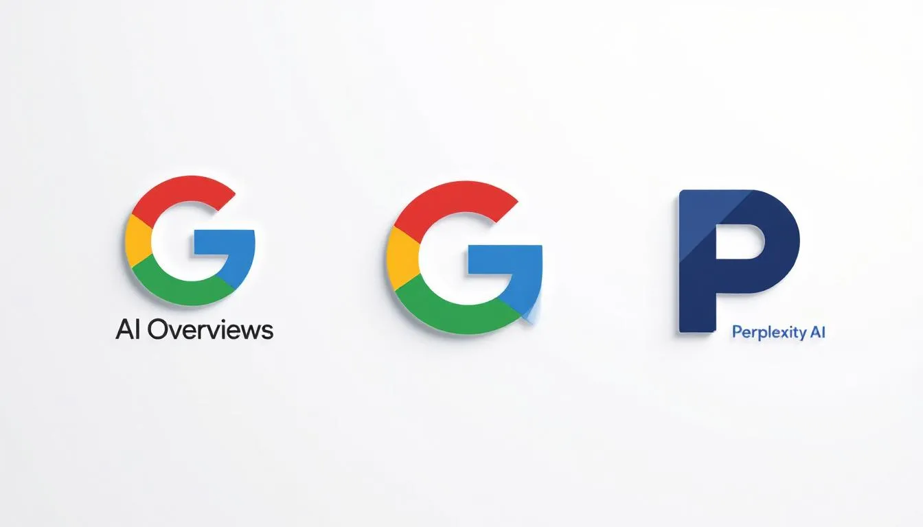 The image features the logos of Google AI Overviews, ChatGPT, and Perplexity AI, showcasing the evolution of AI-driven search engines. These logos represent the future of SEO, emphasizing user intent and the importance of AI-generated content in enhancing search results and improving organic traffic.