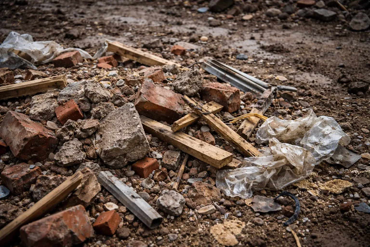 Mixed construction waste materials including bricks, concrete, timber and packaging on a building site