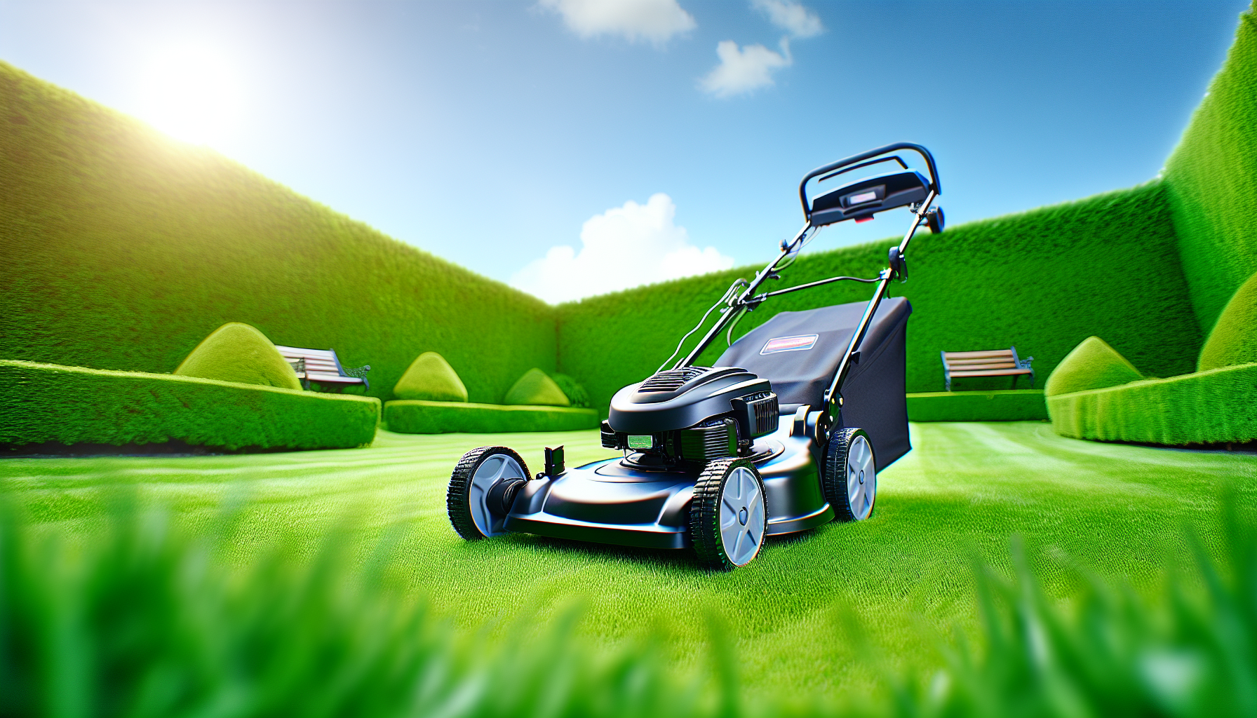 Cordless walk-behind lawn mower with a neatly manicured lawn in the background