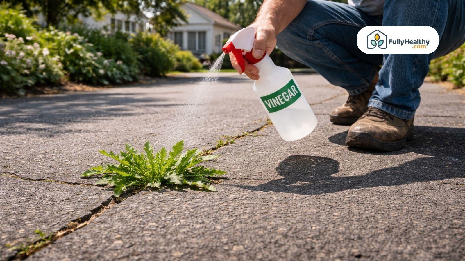 Person spraying vinegar on driveway weeds in sunny residential area