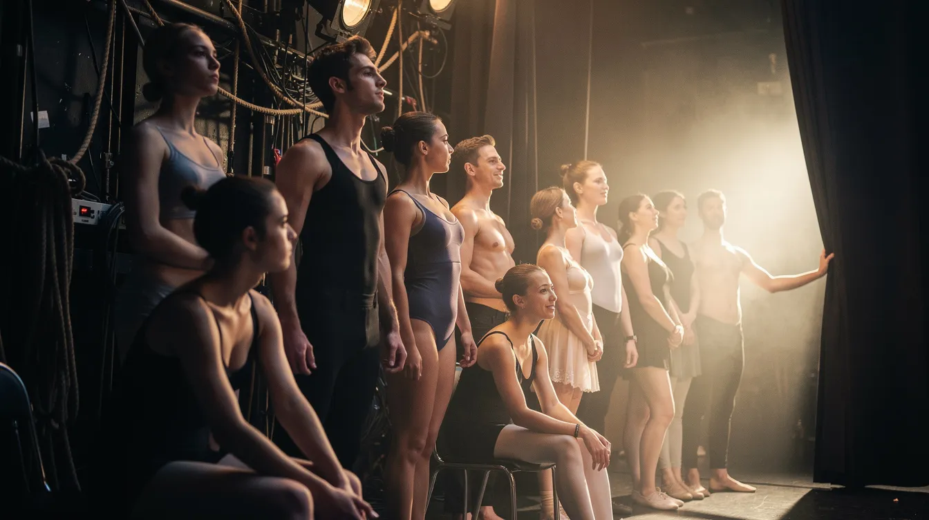 A group of dance performers is gathered backstage, dressed in colorful costumes and stretching in anticipation of their upcoming performance. The atmosphere is filled with excitement as they prepare to step onto the stage for the event, ready to provide attendees with a memorable experience.