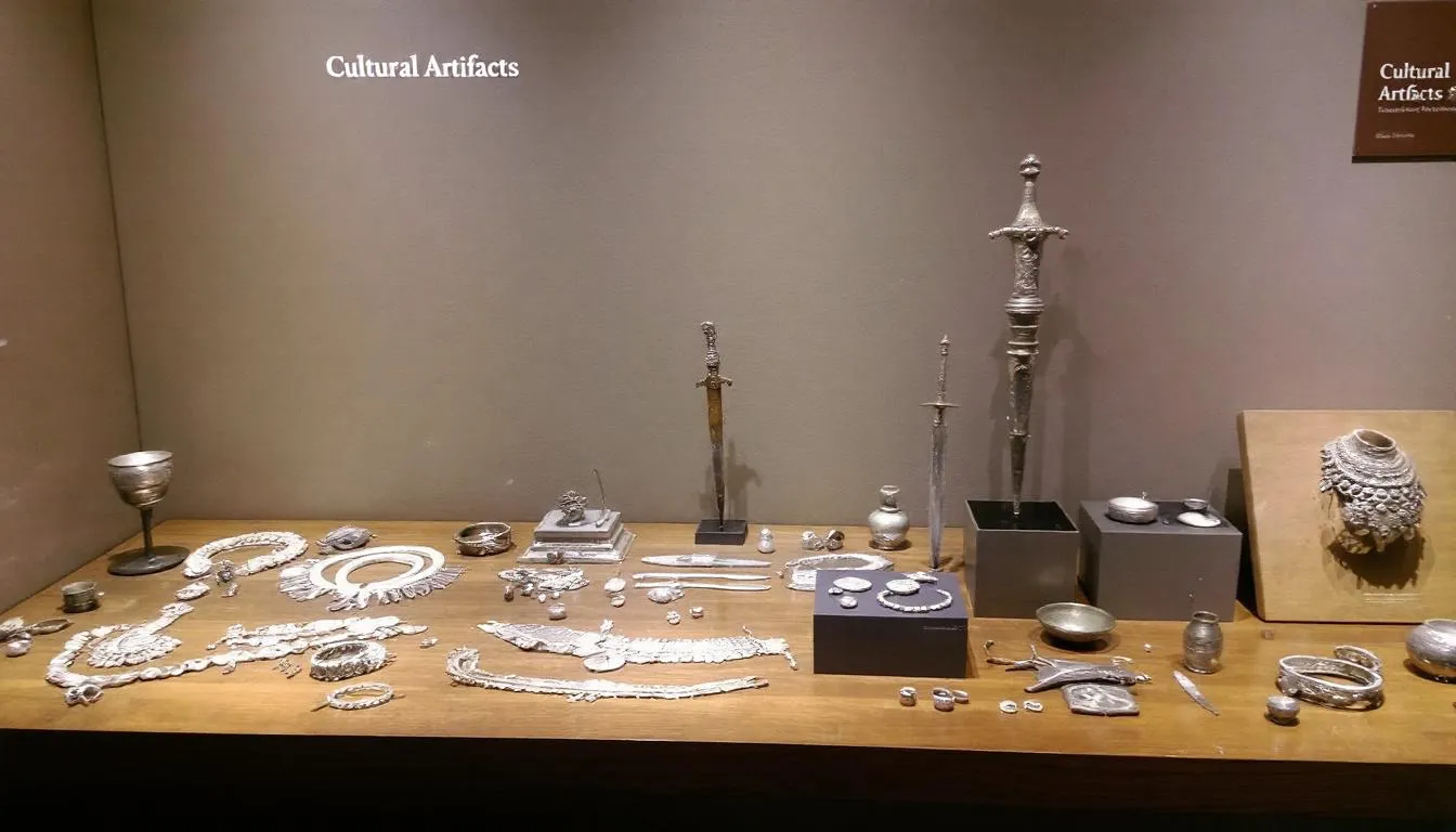 The image showcases a collection of ancient silver jewelry and ceremonial objects from various cultures, displayed in a museum setting. This silver jewelry, known for its spiritual benefits, serves as a protective shield against negative energies and promotes emotional balance, enhancing one's spiritual journey.