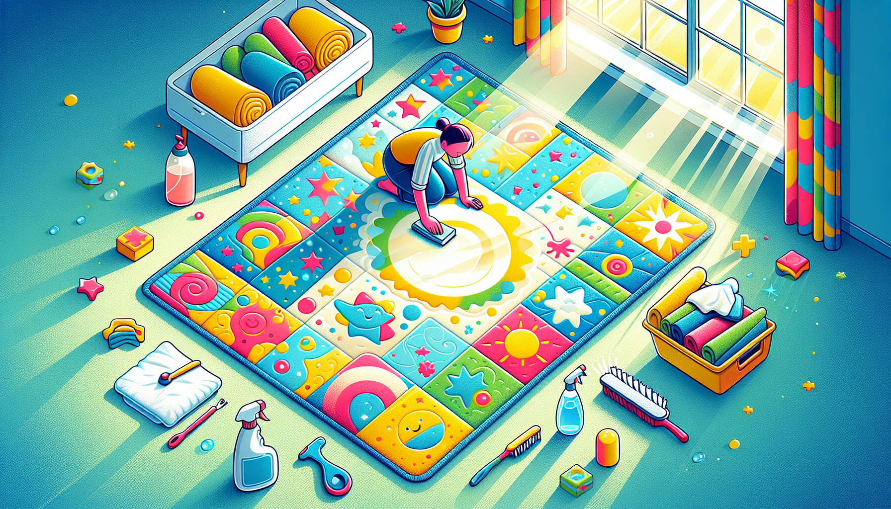 An illustration depicting the care and maintenance of a custom playmat.