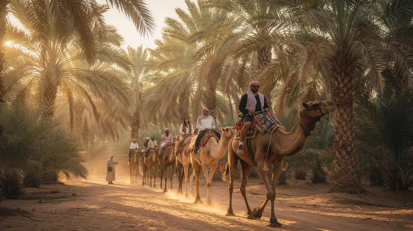 Um passeio de camelo por um palmeiral exuberante sob o sol radiante, com vegetação densa ao redor, criando um ambiente tranquilo e natural. Essa experiência remete às paisagens típicas do deserto do Saara, proporcionando uma conexão única com a natureza e a cultura árabe.