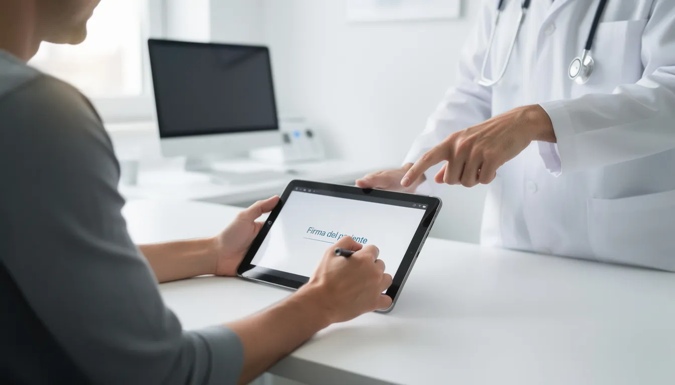 Una persona está firmando un documento en una tablet digital dentro de un consultorio moderno, lo que representa un proceso de consentimiento informado relacionado con su atención médica. Esta acción refleja la relación médico-paciente y el respeto por la autonomía del paciente en el tratamiento de su salud.