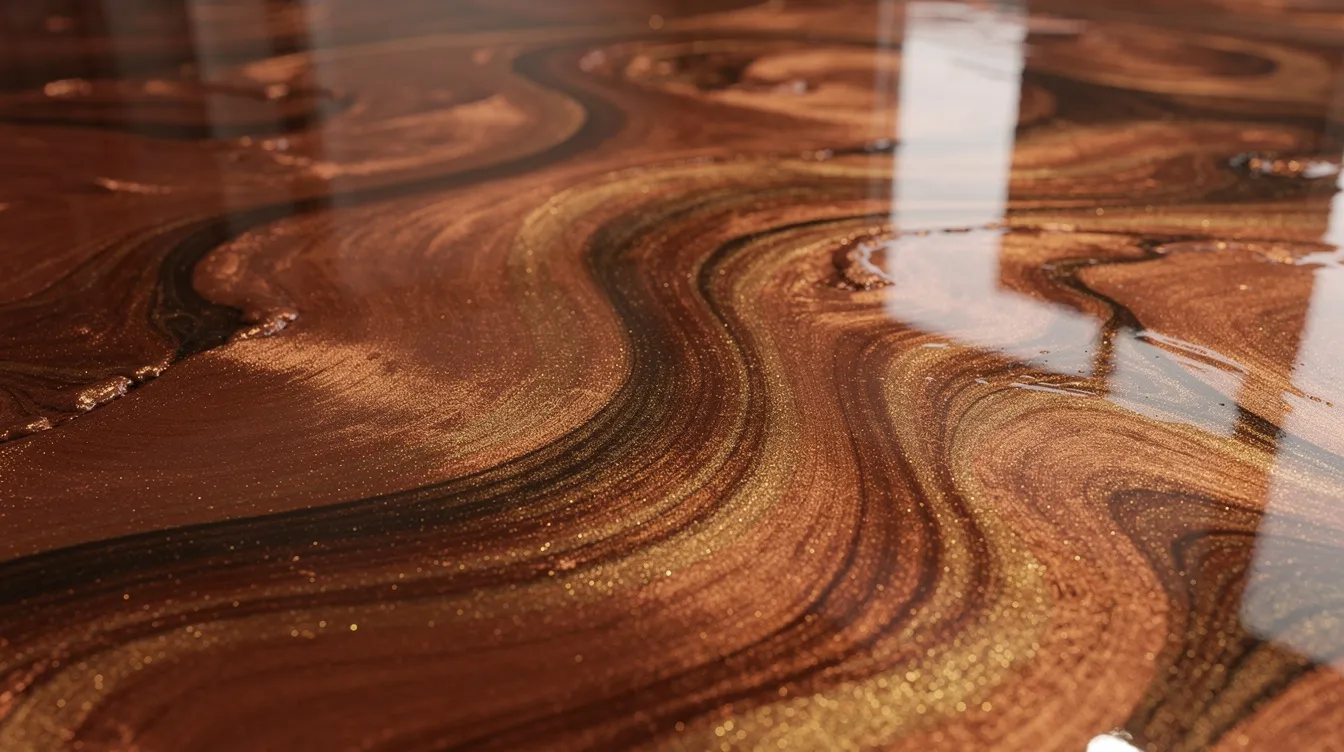 The image features a close-up view of a stunning copper and bronze metallic epoxy floor, showcasing intricate flowing pigment patterns that create a sense of depth. This epoxy flooring exemplifies the aesthetic appeal and durability of metallic epoxy floors, making it an ideal choice for both residential and commercial spaces in Melbourne.