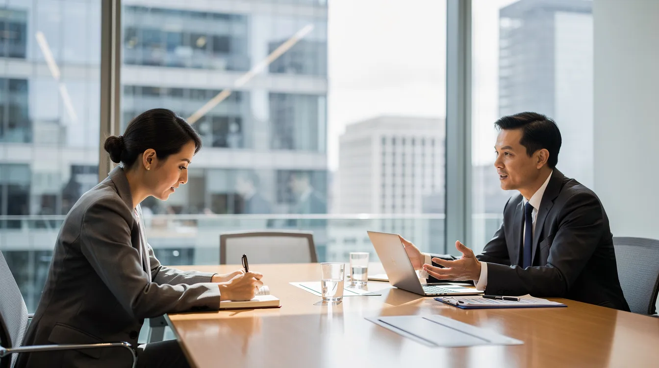 Deux personnes échangent dans un bureau vitré, l'une prenant des notes sur un plan de développement pendant que l'autre présente des objectifs et des étapes pour le projet en cours. Cette conversation met en avant l'importance de la communication et du leadership dans le cadre du développement des compétences au sein de l'entreprise.
