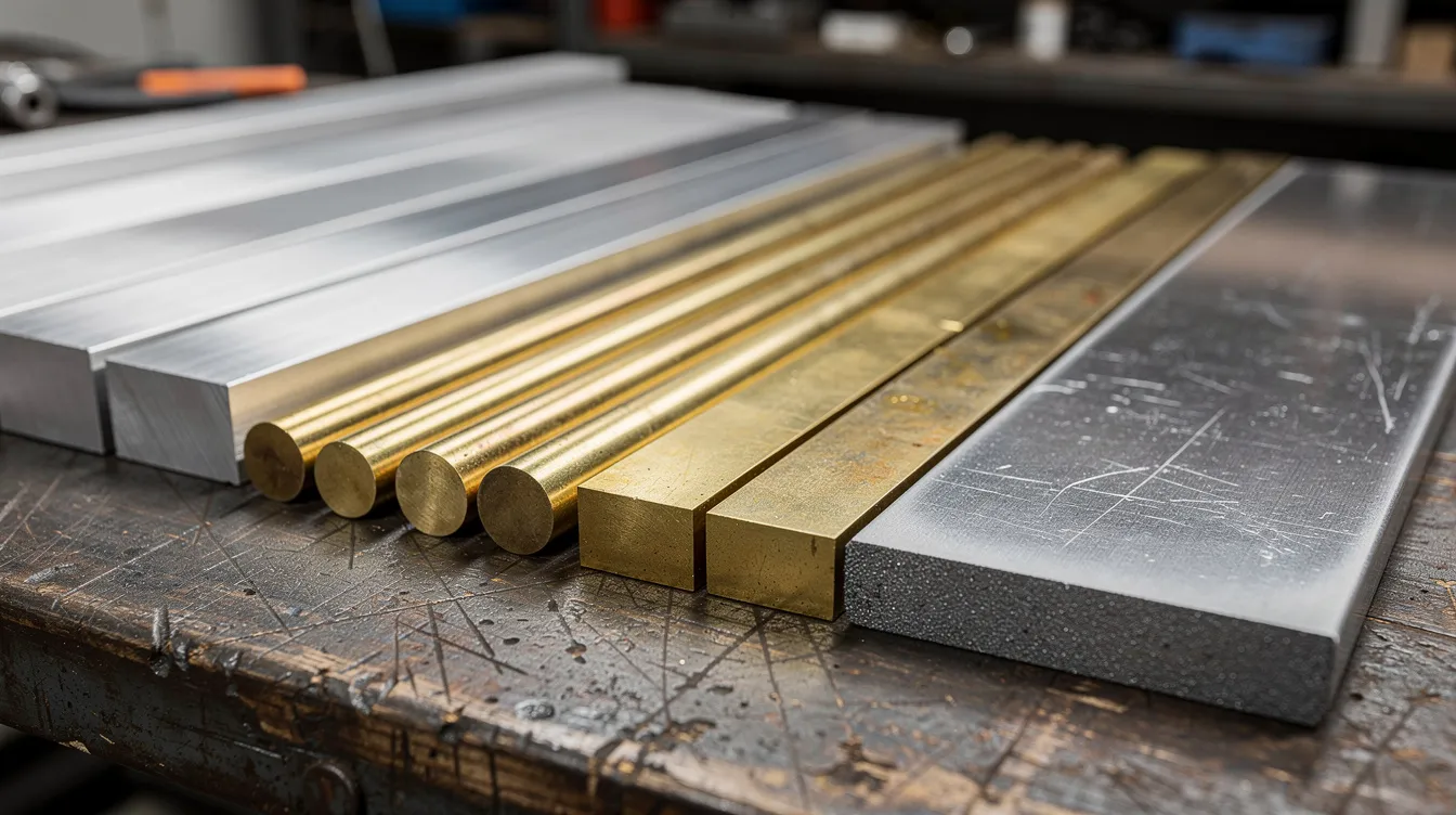 The image shows a variety of metal stock bars and plates, including aluminum, stainless steel, brass, and titanium, neatly arranged on a workshop table, highlighting the materials commonly used in CNC machining processes for custom parts production. These materials exhibit excellent corrosion resistance and are essential for various machining applications.
