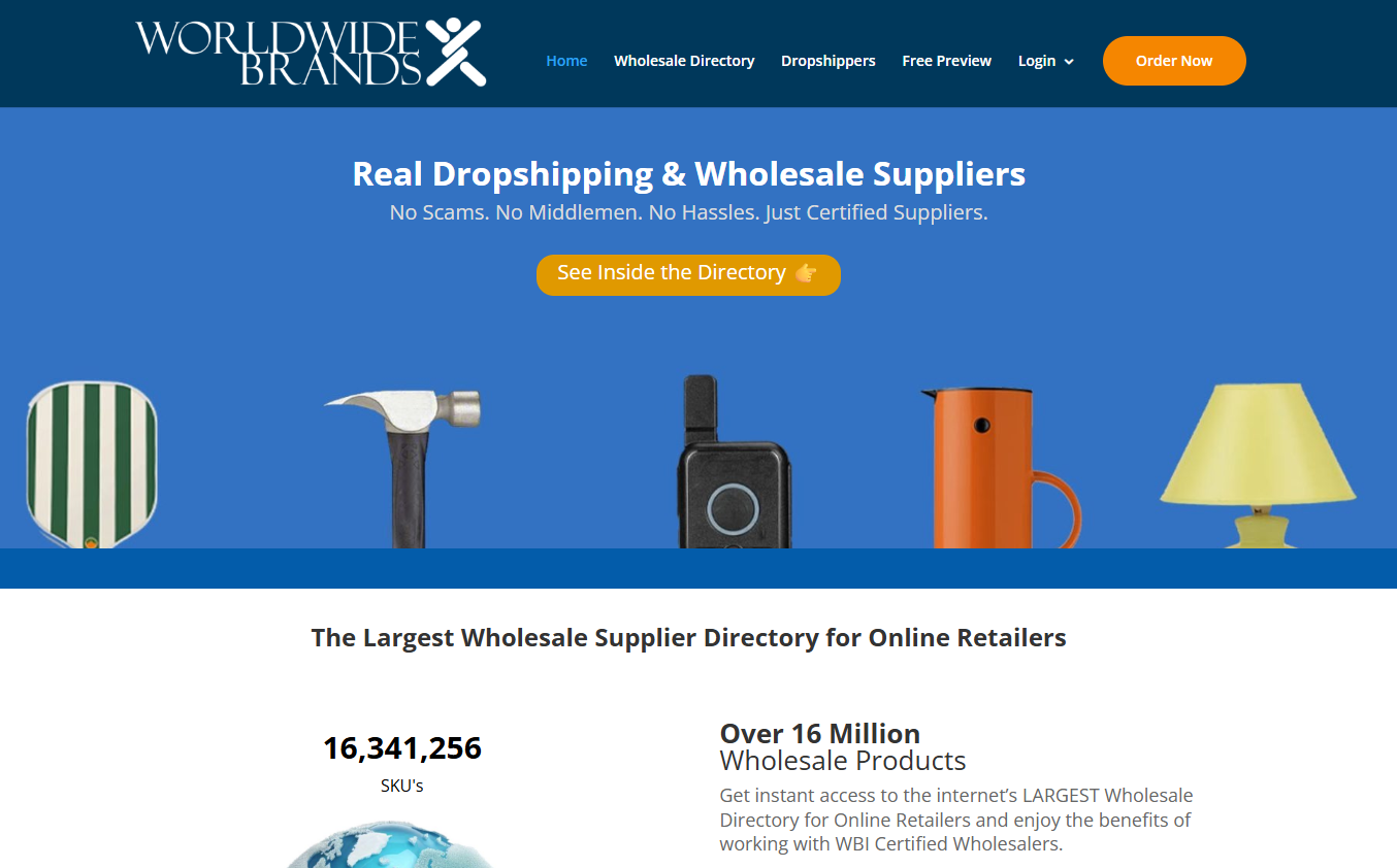 Worldwide Brands homepage showing its certified dropshipping and wholesale supplier directory with more than 16 million products