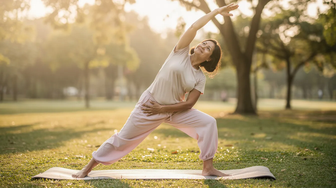 A woman in comfortable clothing is performing gentle stretching exercises outdoors, promoting relaxation and physical well-being. This serene scene highlights the importance of self-care, especially for those experiencing symptoms related to breast implant illness, such as joint pain or chronic fatigue.