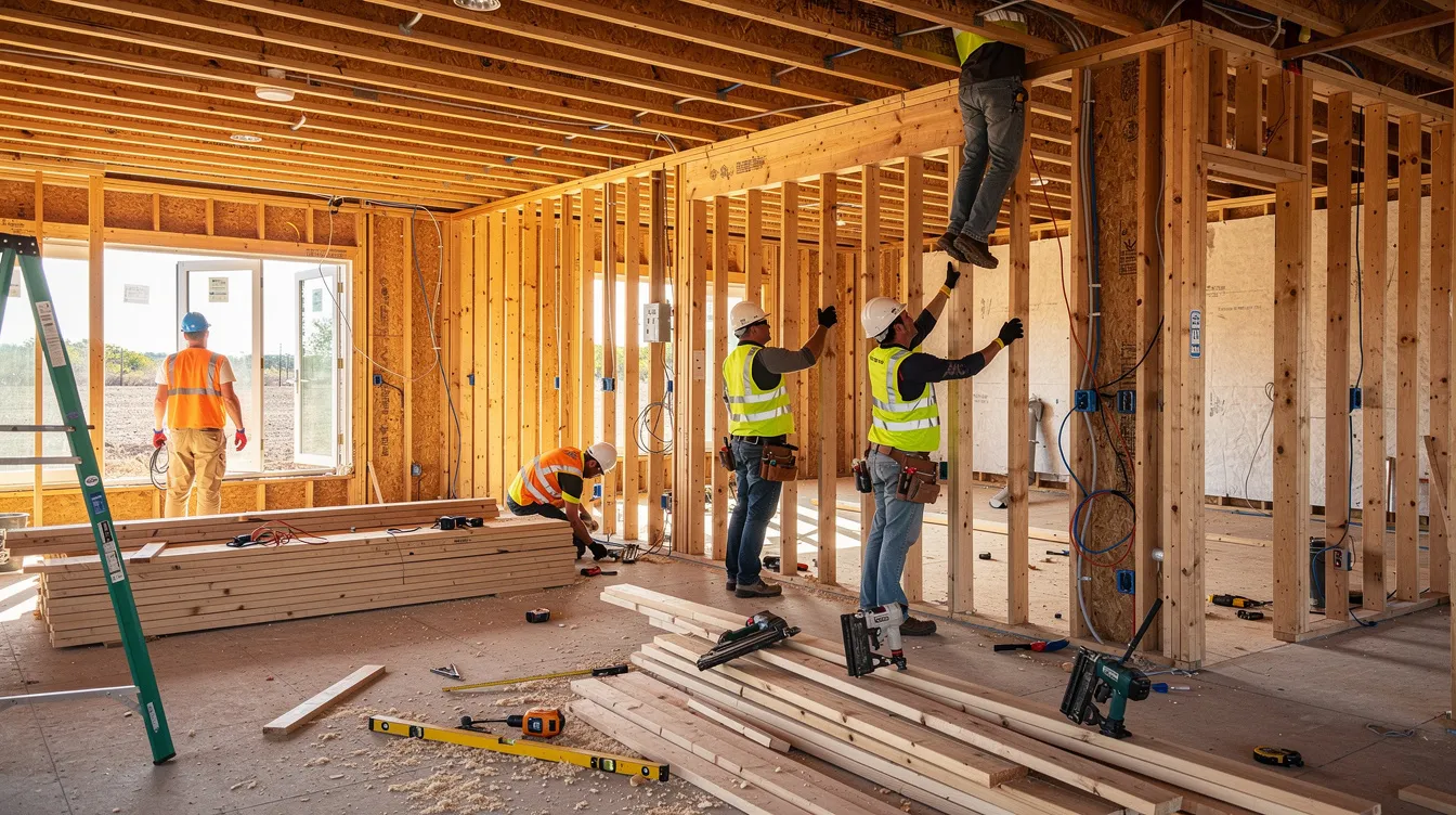 The image depicts construction workers actively renovating the interior framing of a residential property, showcasing their skills in transforming the space for future real estate projects. This scene highlights the importance of private construction loans and hard money lenders in facilitating timely renovations for investment properties.