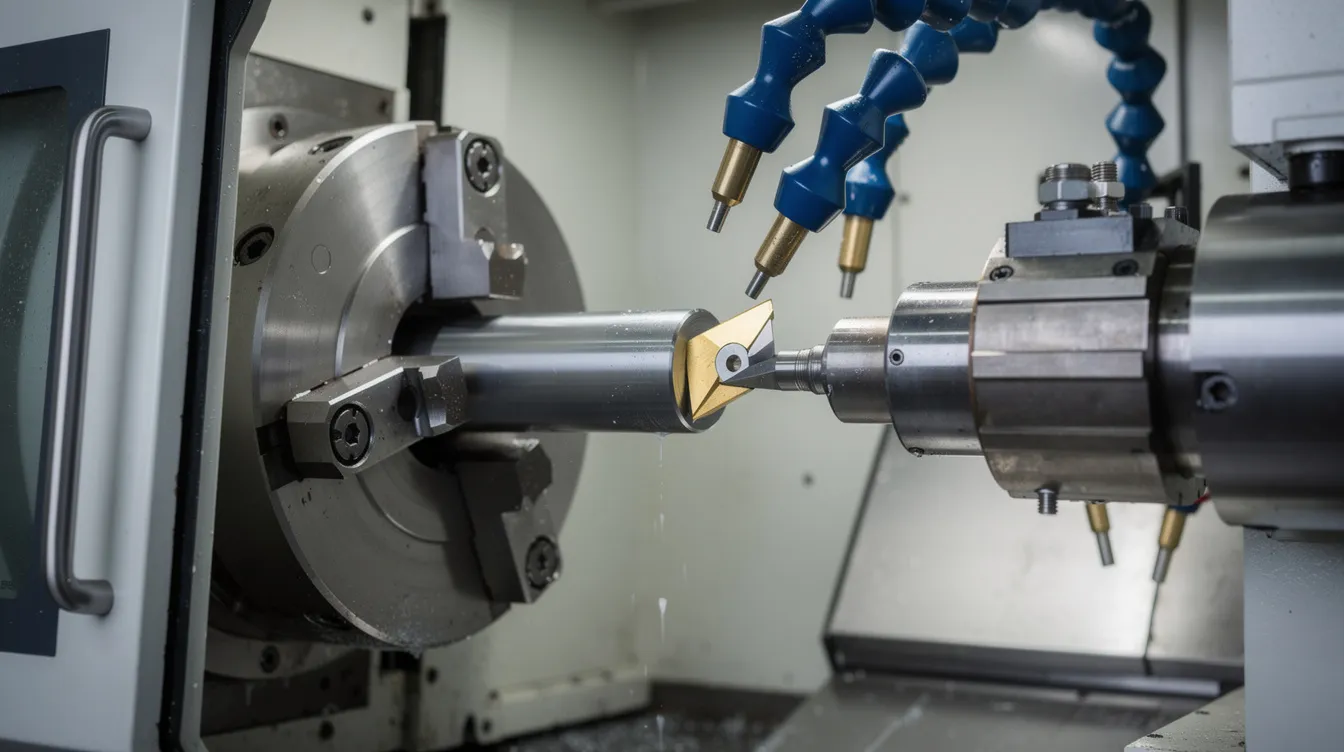 The image depicts a CNC lathe turning center with its enclosure open, showcasing the chuck firmly gripping a steel shaft. In the foreground, the tool turret is indexed to a turning insert, while coolant nozzles are strategically directed at the cutting zone to ensure precision machining and effective lubrication during the machining process.