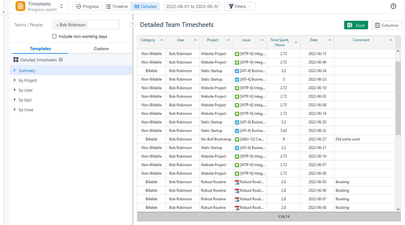 Detailed team timesheets 