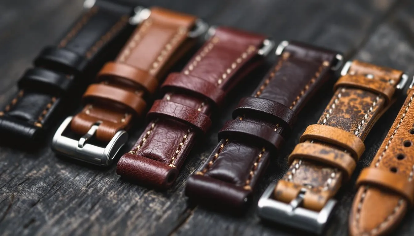 The image showcases a collection of luxury leather watch straps, featuring a variety of colors and textures, including calfskin leather and alligator leather. Each strap highlights the natural beauty and quality of genuine leather, appealing to watch lovers seeking stylish and durable options for their timepieces.