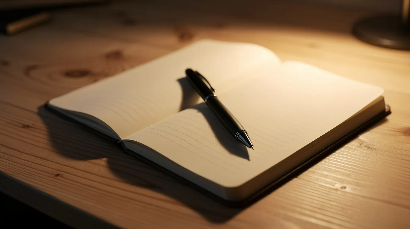 An open notebook with a pen rests on a wooden desk, illuminated by warm lighting, creating a calming atmosphere that encourages self-reflection and mindfulness. This scene serves as a reminder for those managing anxiety disorders to practice techniques like deep breathing and gain perspective on their racing thoughts and overthinking.