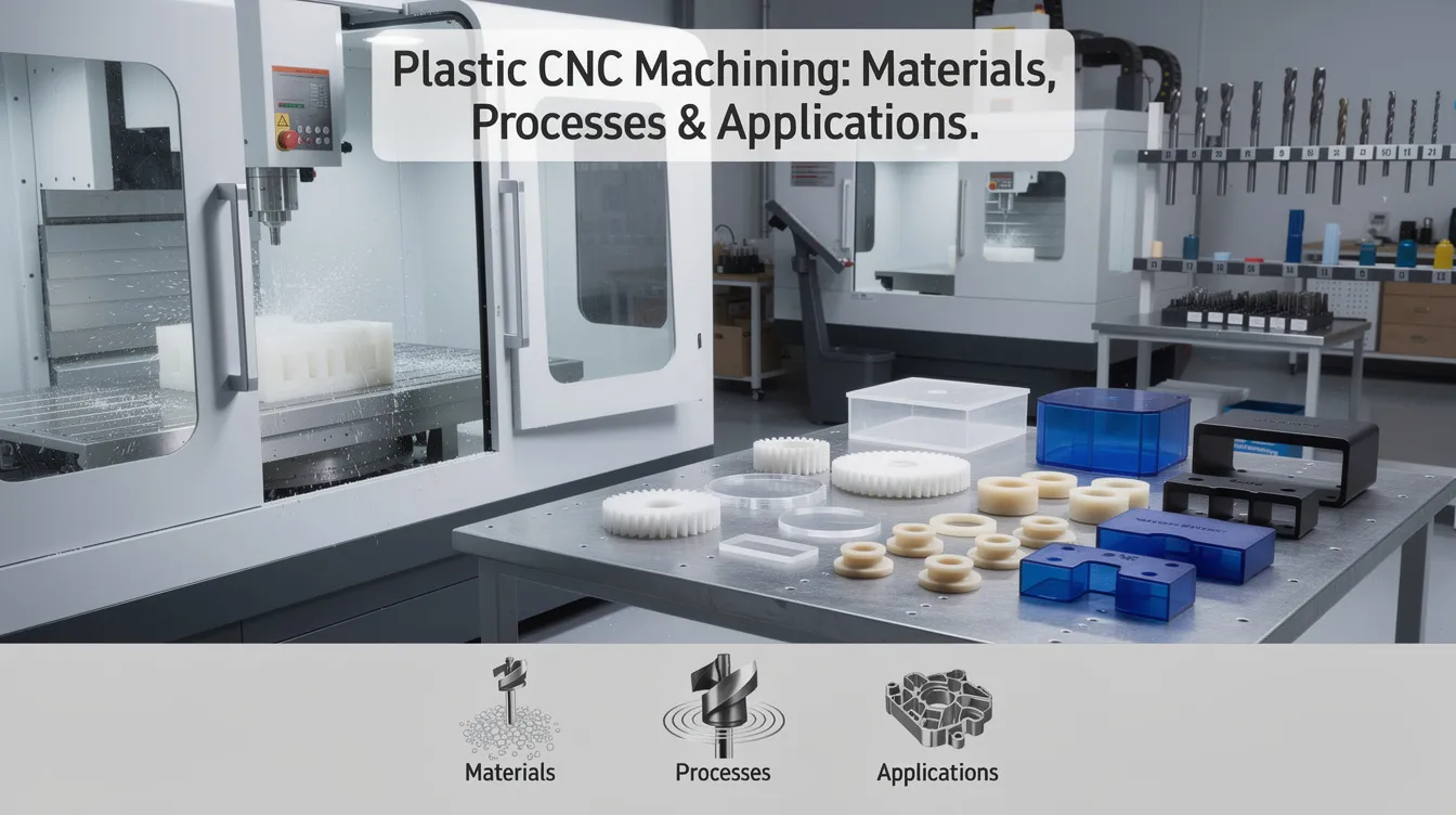 The image showcases various plastic CNC machining parts, highlighting the intricate processes used in creating components from materials like polycarbonate and acrylic. It emphasizes the importance of mechanical properties such as impact resistance and dimensional stability, illustrating the versatility and precision of CNC plastic machining in producing high-quality, cost-effective parts.