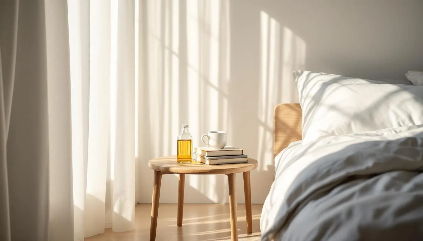 The image depicts a serene bedroom illuminated by soft natural light, featuring a bedside table with a bottle of magnesium glycinate supplements, which are known to support restful sleep and promote muscle relaxation. The tranquil setting suggests a focus on health and well-being, highlighting the importance of magnesium intake for improved sleep quality and overall health.