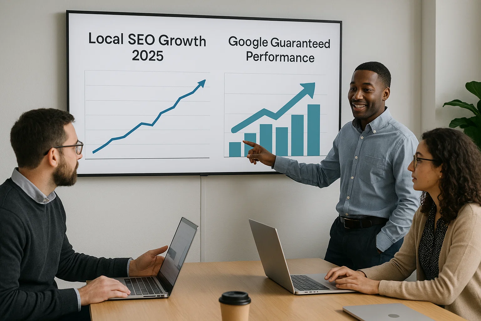 UK marketing team analysing 2025 trends in Google Guaranteed performance and local SEO growth.