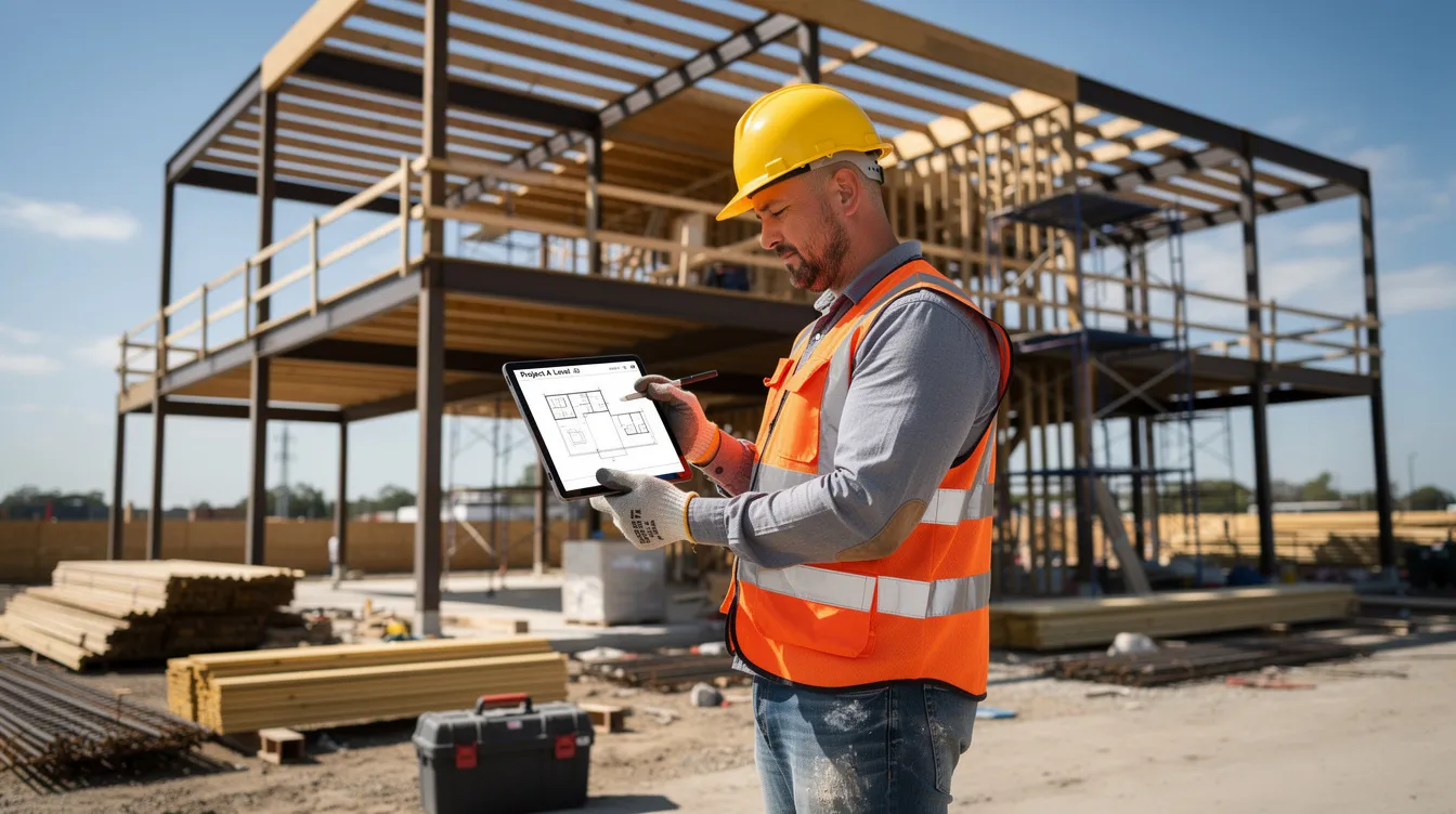 A construction worker is seen using a tablet while standing near a building frame, showcasing the integration of technology in the construction industry. This scene highlights the importance of efficient project management and informed decision-making in construction businesses.