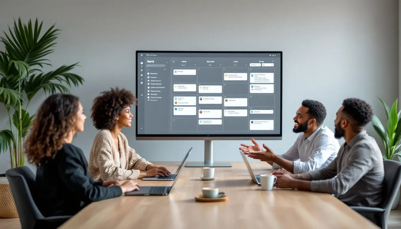 In der Abbildung ist ein digitaler Teamkalender zu sehen, der auf einem Bildschirm angezeigt wird, während Teammitglieder an einem Tisch sitzen und an einem Projekt arbeiten. Der Kalender zeigt Termine, Meetings und die Verfügbarkeit der Mitarbeiter, was die effiziente Zusammenarbeit und Planung innerhalb des Unternehmens unterstützt.