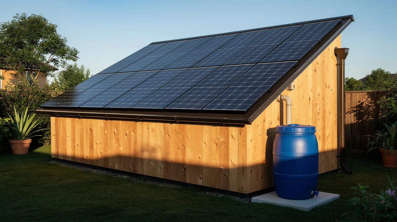The image shows a tiny house rooftop equipped with solar panels, promoting sustainable tiny house living. A rain barrel is also visible on the side, emphasizing the resourcefulness often embraced in the tiny house movement.