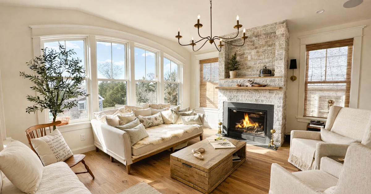 Bright coastal living room in a Cape May Point vacation rental featuring large arched windows, stone fireplace, neutral furnishings, and hardwood floors.