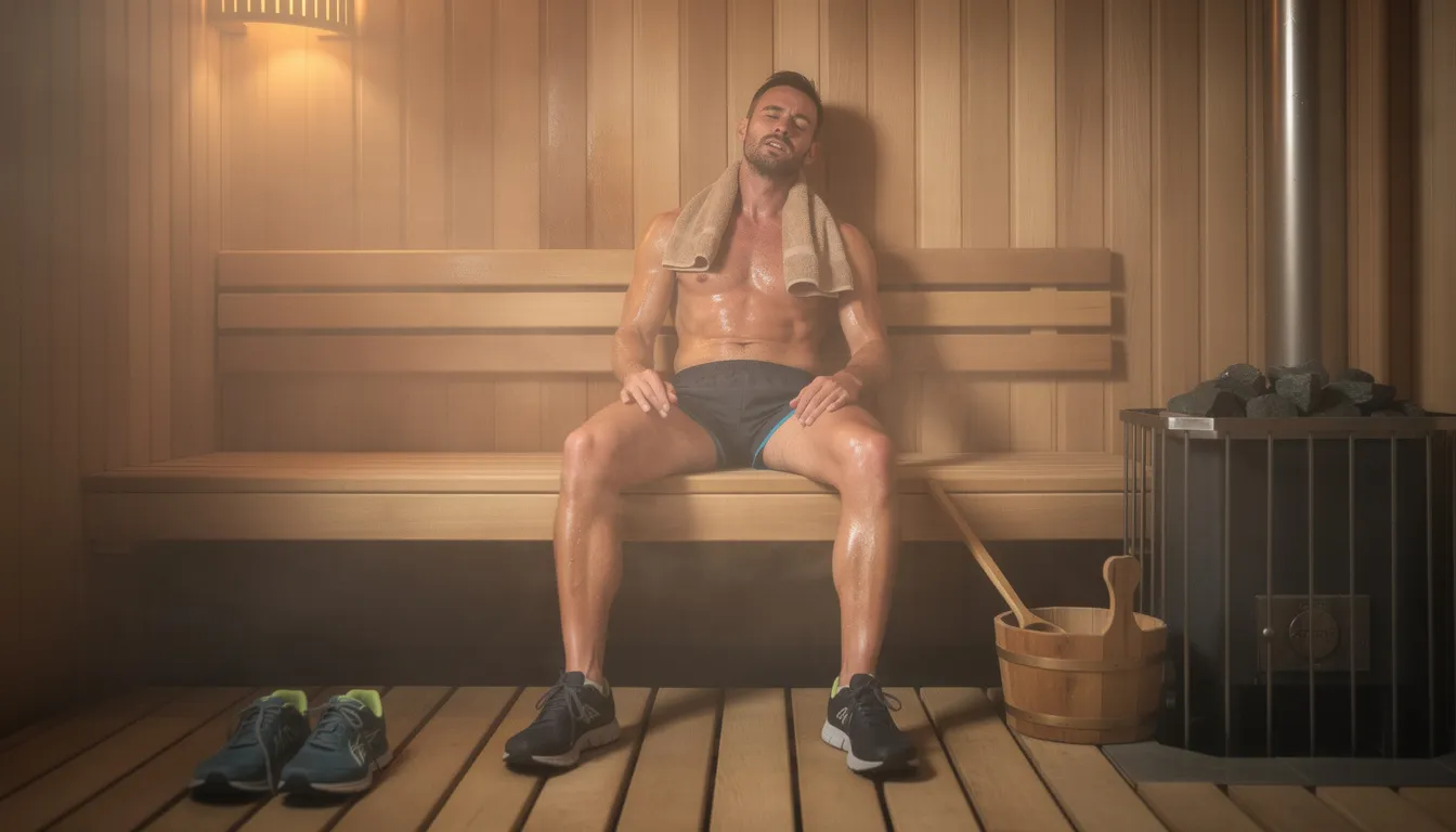 A competitive male runner is seen relaxing in a traditional wooden sauna after an intense training session, enjoying the numerous benefits of sauna bathing, including improved circulation and muscle recovery. The sauna exposure aids in heat acclimation and enhances endurance performance, promoting overall athletic performance and mental clarity.