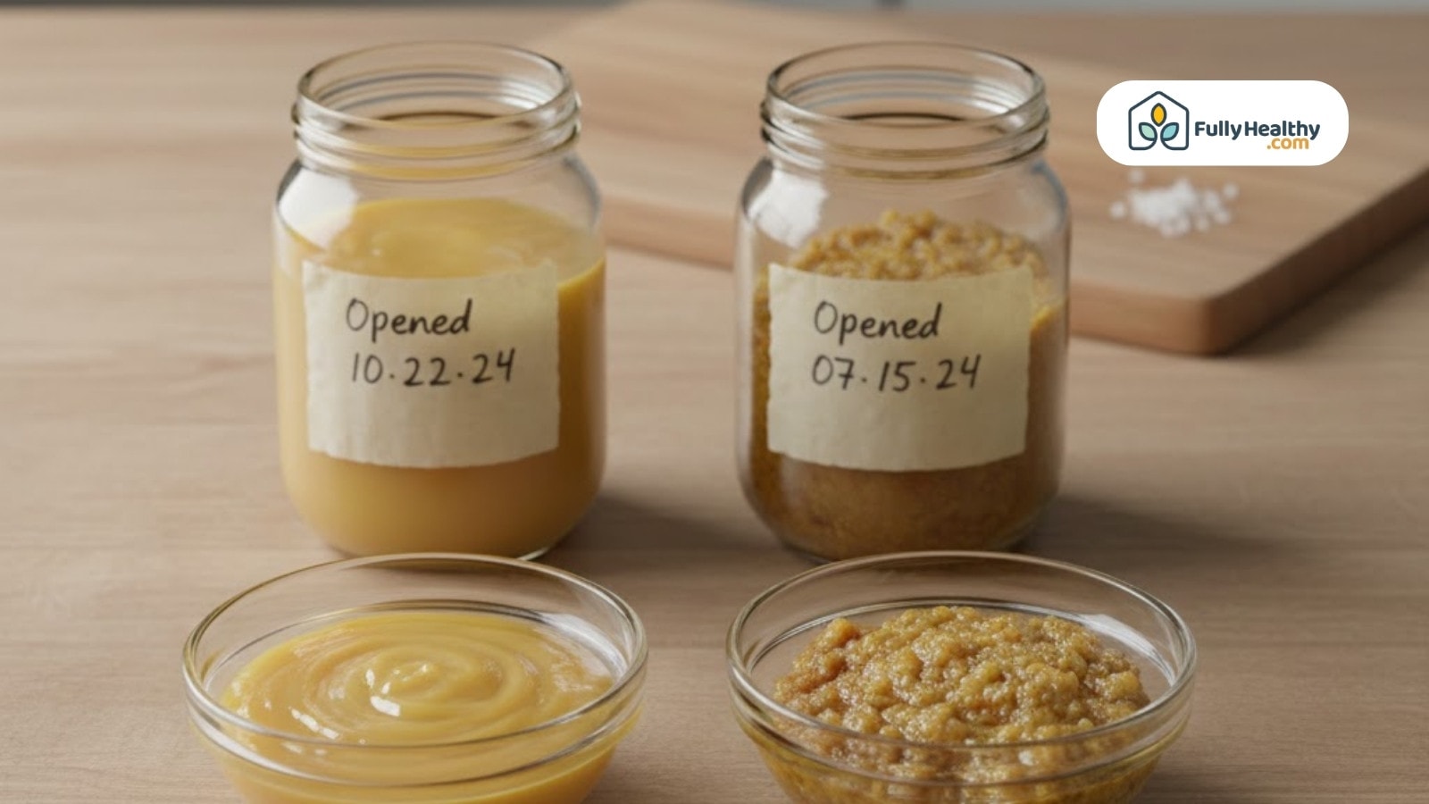 Two labeled jars of ghee with different opening dates