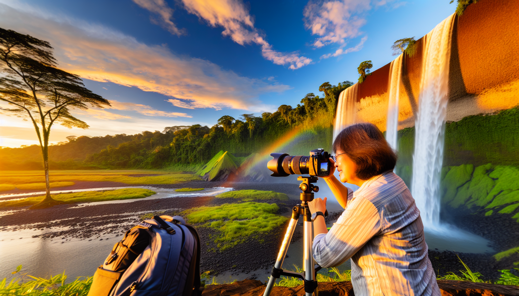 Photographer capturing the beauty of Llanos de Cortes Waterfall at sunset