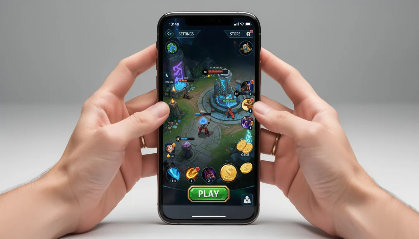 En bild av händer som håller en smartphone med en mobil spelgränssnitt som visar ett online casino, där spelare kan logga in och spela olika casinospel som Mega Moolah. Skärmen visar också alternativ för insättning och free spins, vilket ger en känsla av spänning och möjligheter att vinna pengar.