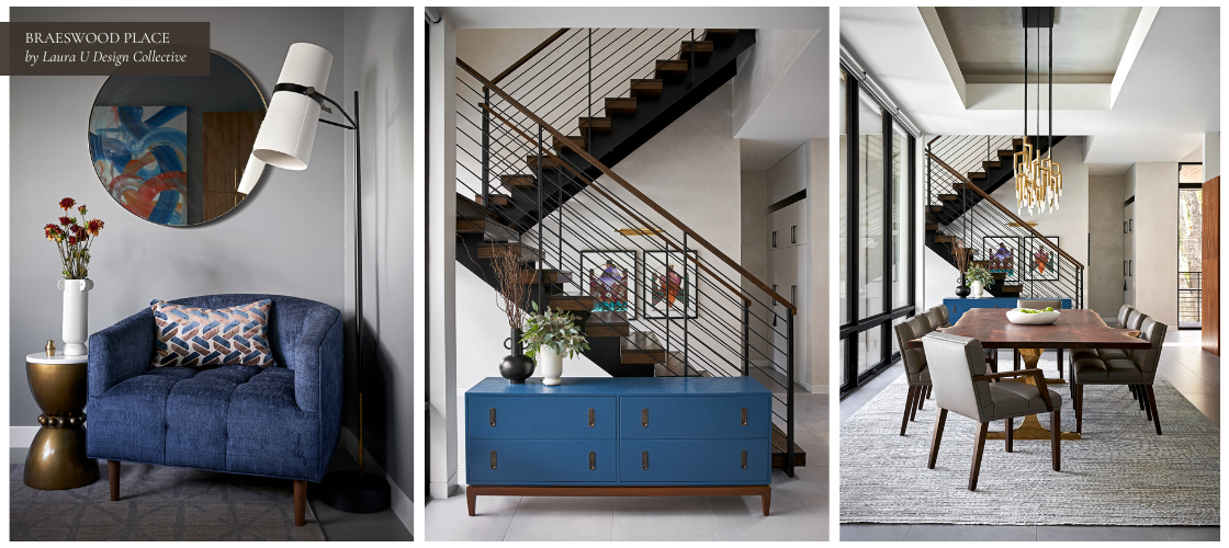 A modern entry and dining area with blue accents, a floating staircase, and sculptural lighting.