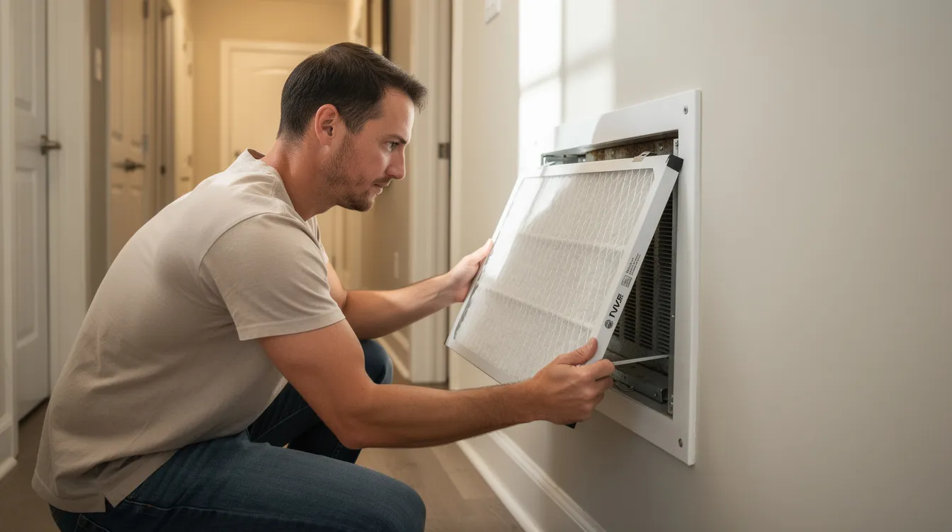 A homeowner is shown replacing a rectangular HVAC air filter in a hallway return grille, ensuring the air conditioning system operates efficiently by maintaining clean airflow. This maintenance task is crucial for the performance of the cooling system, helping to protect against debris that could block airflow.