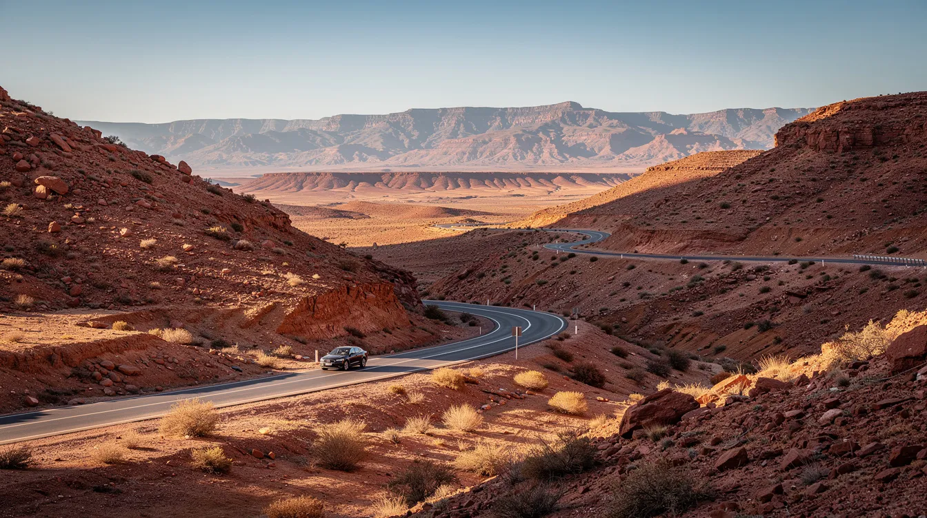 Un'auto su una strada tortuosa in un paesaggio marocchino arido e montuoso.