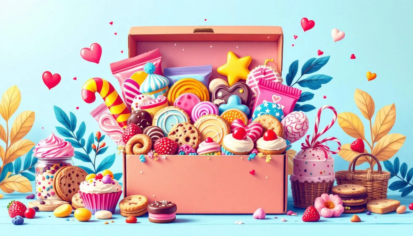 A beautifully arranged sweet treats box filled with various candies and snacks, showcasing creative birthday box ideas to surprise your bff.