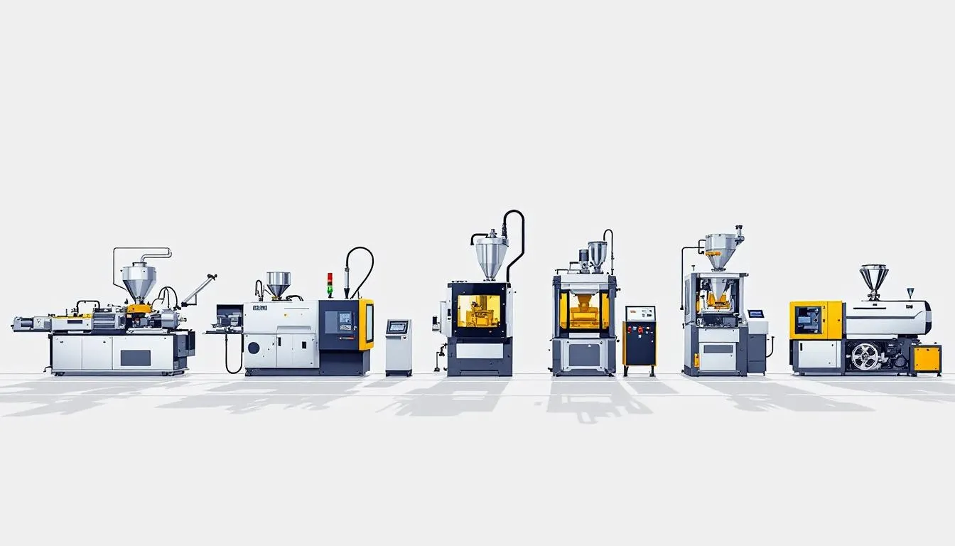 Different types of plastic extruder machines lined up for comparison.