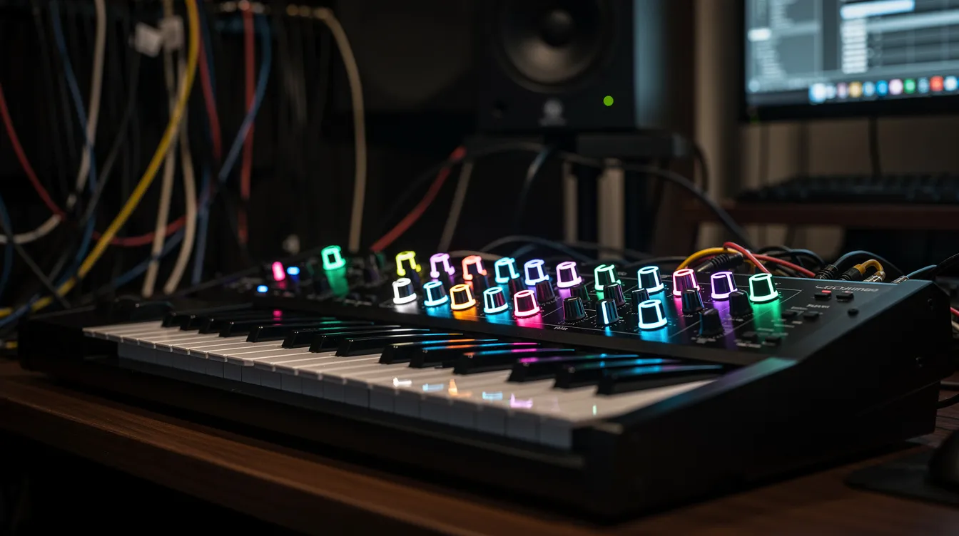 Ein Synthesizer-Keyboard mit leuchtenden Drehreglern steht im Mittelpunkt eines dunklen Studios, während Kabel und Bildschirme im Hintergrund eine kreative Atmosphäre für Musiker und Künstler schaffen. Die Szene vermittelt ein Gefühl von Drama und Innovation in der Welt der Musikproduktion.