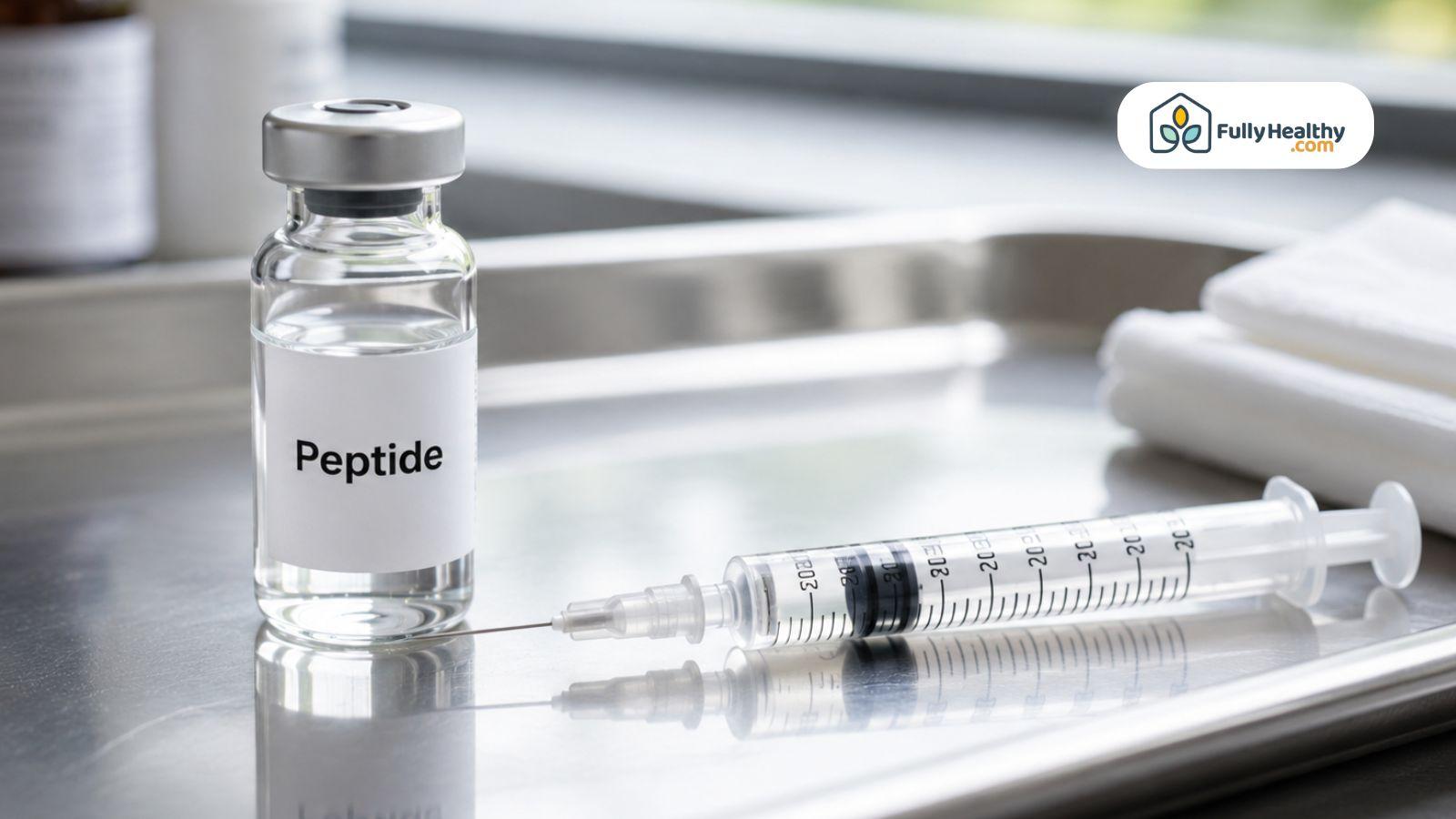 Close-up of a peptide vial and sterile syringe on a stainless steel laboratory tray in a clean clinical setting.