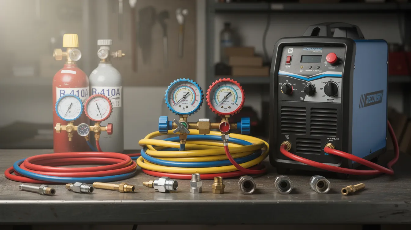 The image shows an organized work surface featuring refrigerant gauges and recovery equipment, essential tools for skilled technicians specializing in car aircon regas and repairs. This setup reflects a focus on efficient aircon system maintenance, ensuring vehicles are ready for the summer heat.