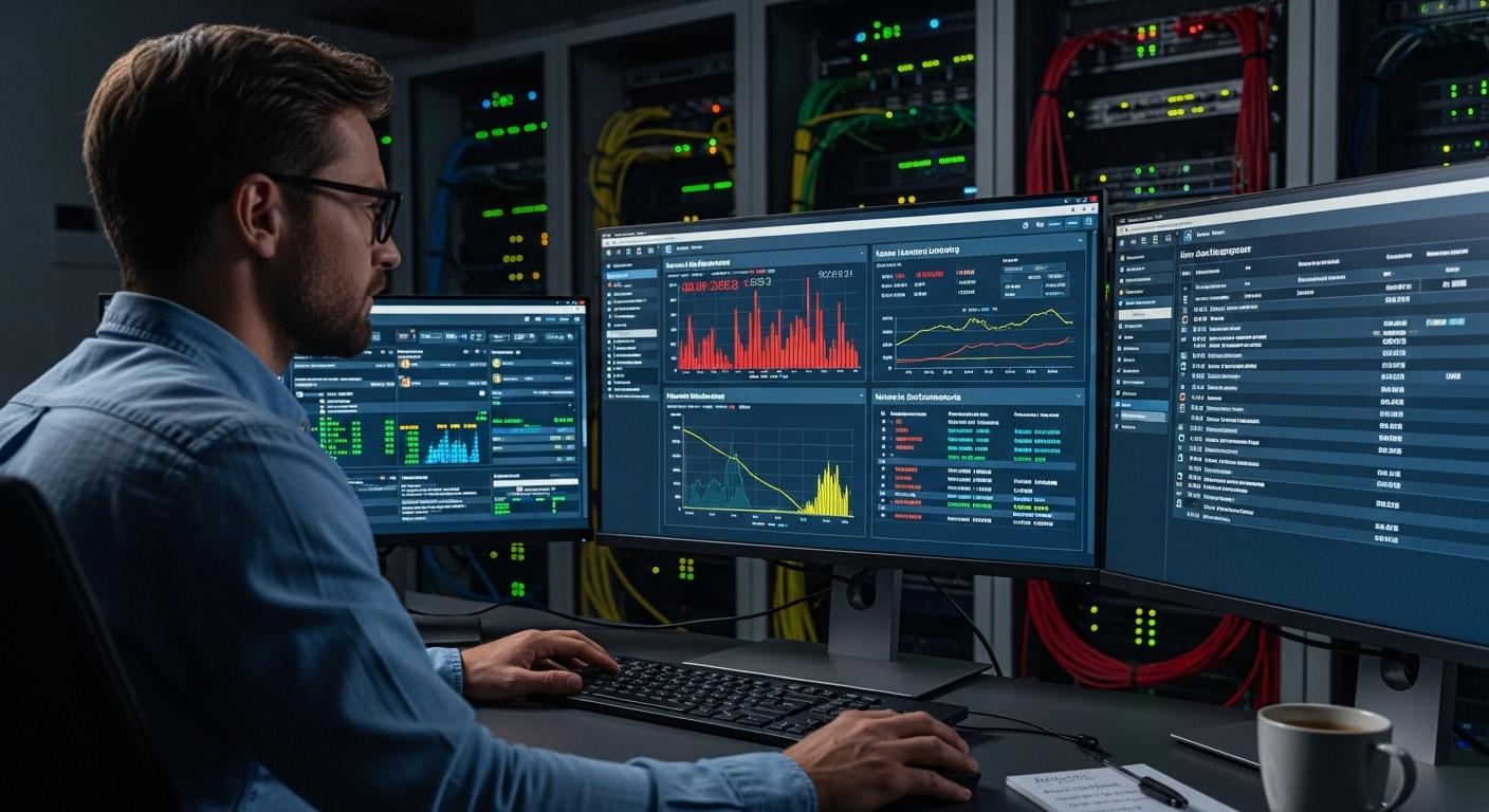 IT administrator troubleshooting virtual desktop performance issues with latency warnings, network bottlenecks, and user access management dashboards.