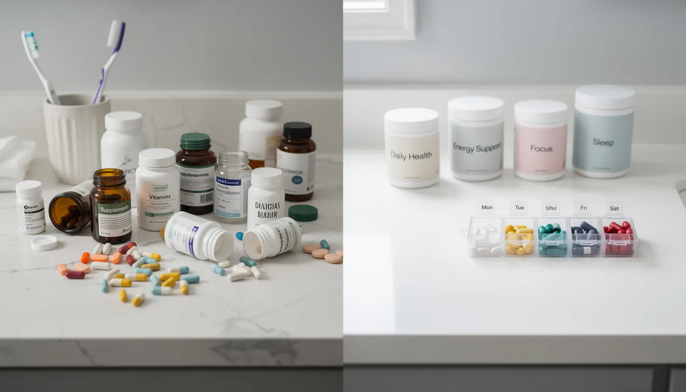 The image depicts a cluttered bathroom counter filled with various supplement bottles, transitioning to a neatly organized display of clearly labeled capsules that represent a thoughtful supplement regimen for longevity. This arrangement emphasizes the importance of supporting healthy aging and overall health through intentional choices in supplementation.