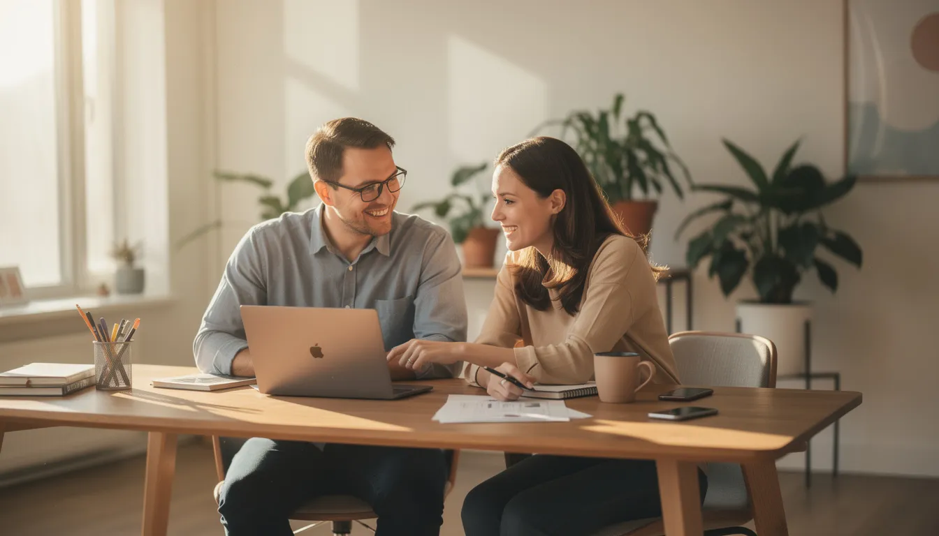 Twee collega's werken samen aan een bureau in een lichte en warme kantoorruimte, waar een fijne werksfeer heerst. Ze bespreken hun taken en plannen, terwijl ze genieten van de gezonde balans tussen werk en sociaal contact.